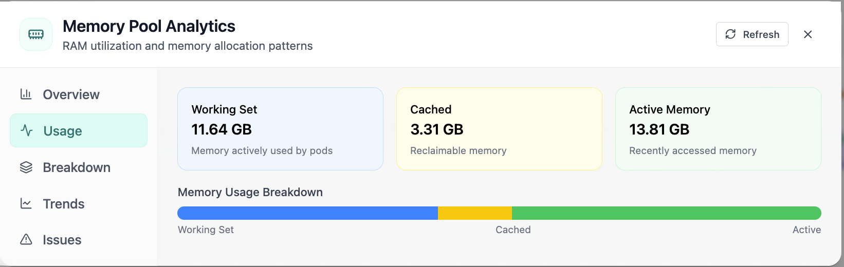 Memory Pool Analytics usage tab with working set and cached memory.